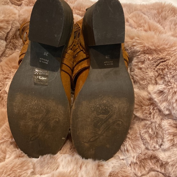 8 Bootie Free People Tan Leather Woven Distressed Heeled Zip Women Carerra Boot - Picture 7 of 8